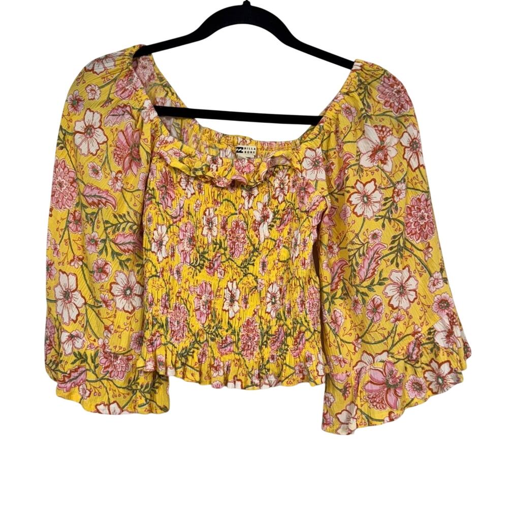 Billabong Yellow Pink Floral Smocked Fare Sleeve Blouse Womens S Coquette Fairy